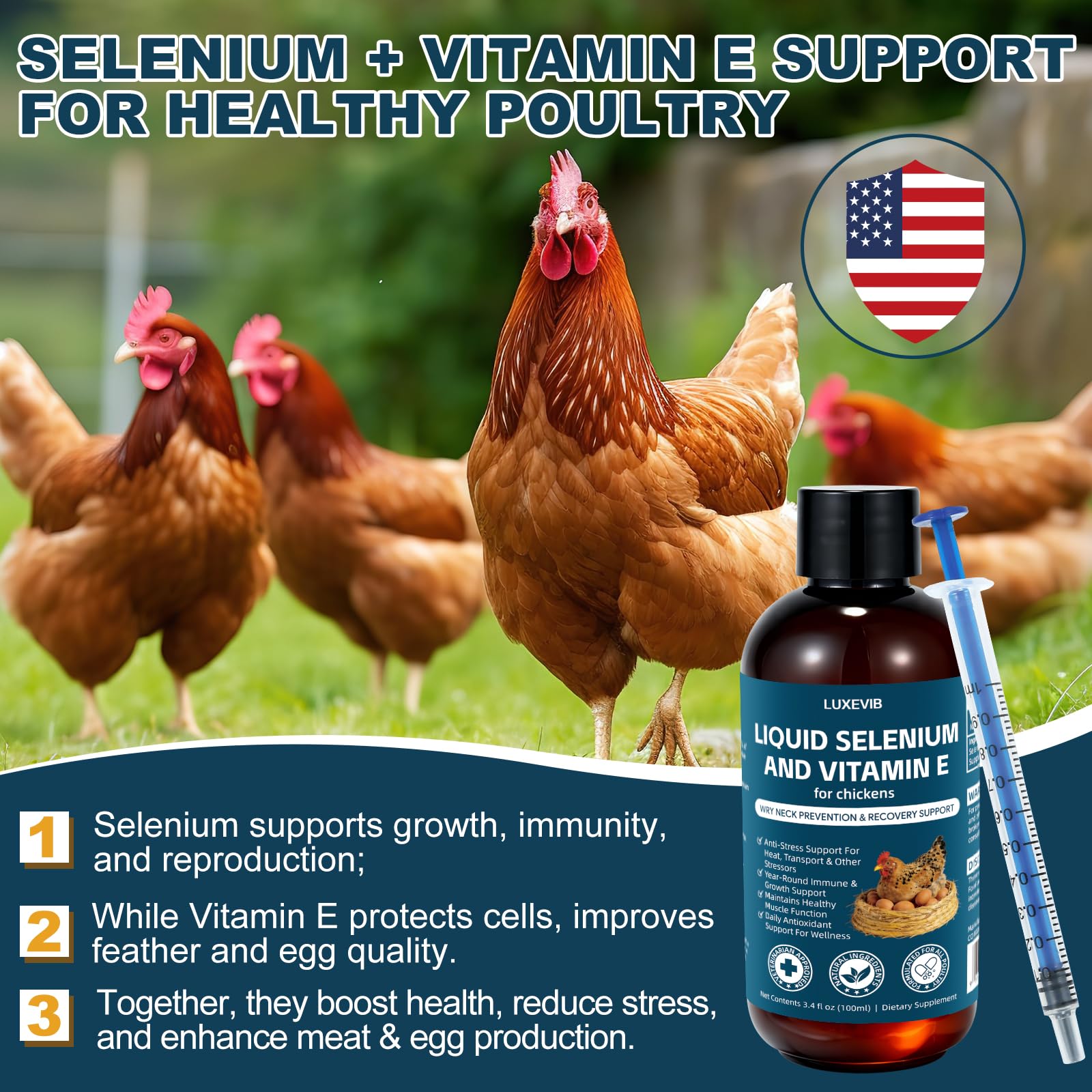 LuxeVib E+S Poultry Vitality Formula bottle on shelf conveys dependable seasonal readiness