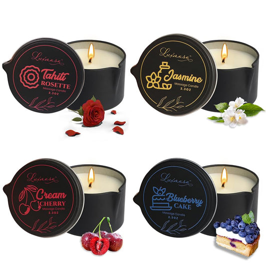 LUXMASA Tahiti massage candle close-up with warm oil for at-home spa rituals.