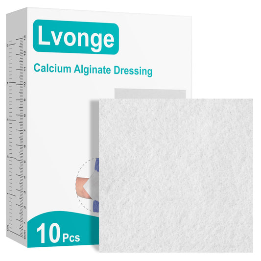 Lvonge calcium alginate dressing 4x4 pack showing high absorption for exuding wounds.
