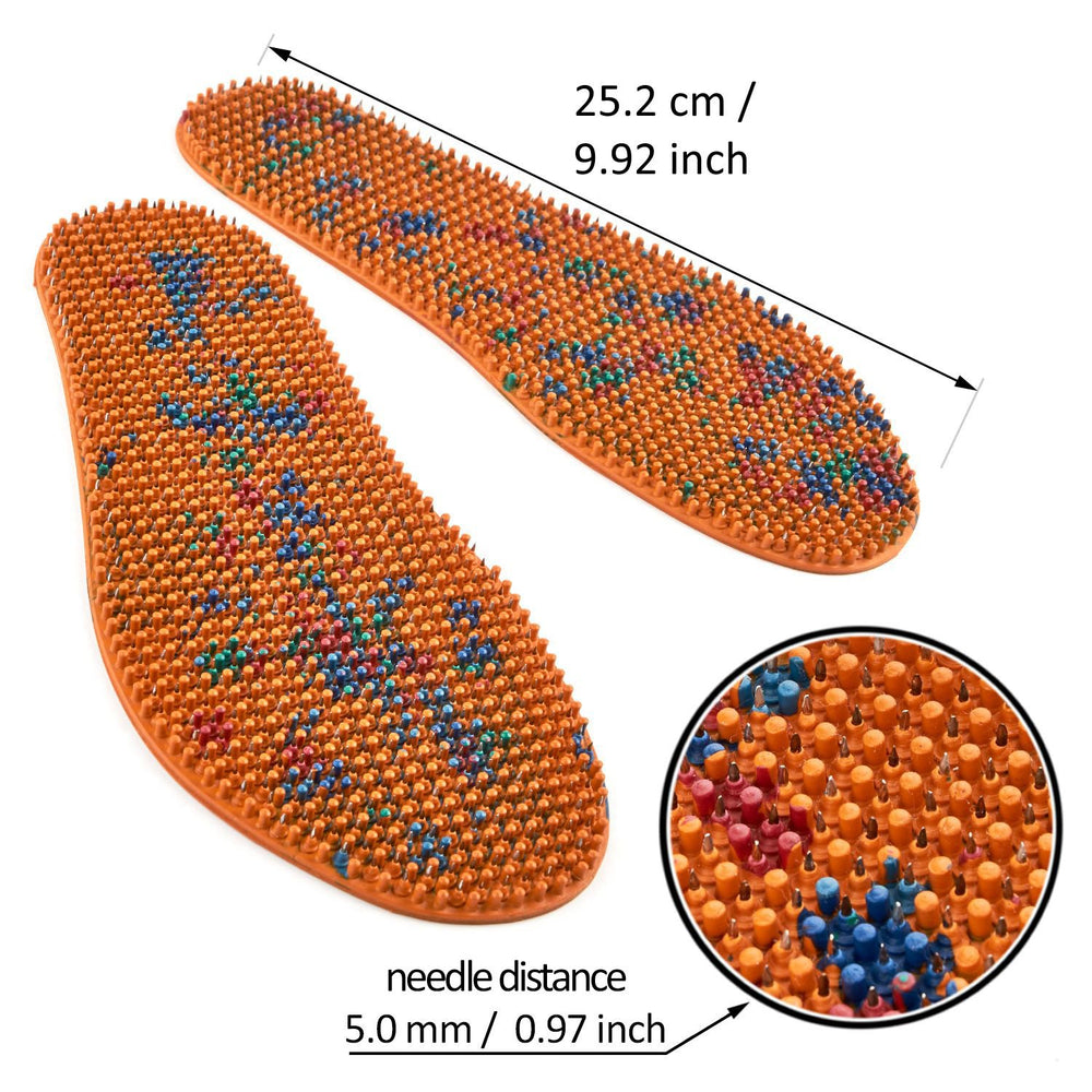 Lyapko acupuncture shoe insole worn demonstrates portable self-care for daily comfort