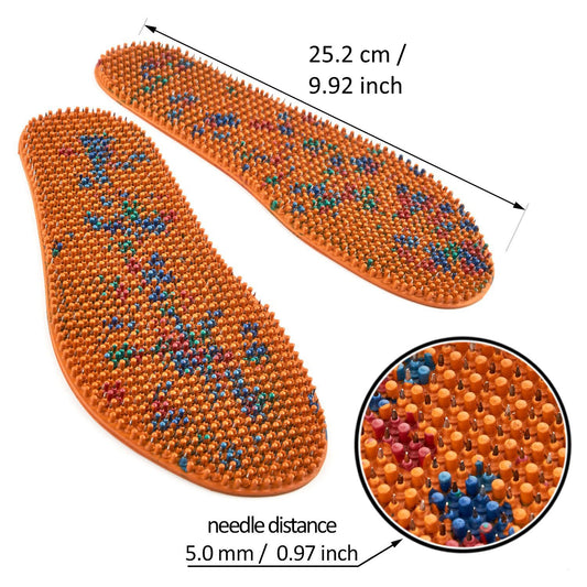 Lyapko acupuncture shoe insole worn demonstrates portable self-care for daily comfort