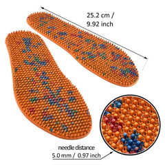 Lyapko acupuncture shoe insole worn demonstrates portable self-care for daily comfort