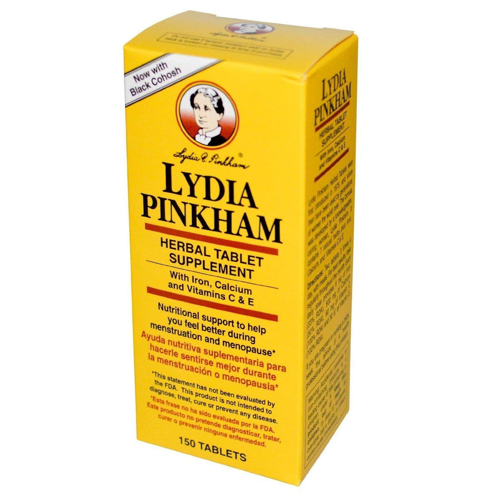 Lydia Pinkham herbal tablet bottle for daily routine and two-pack convenience.