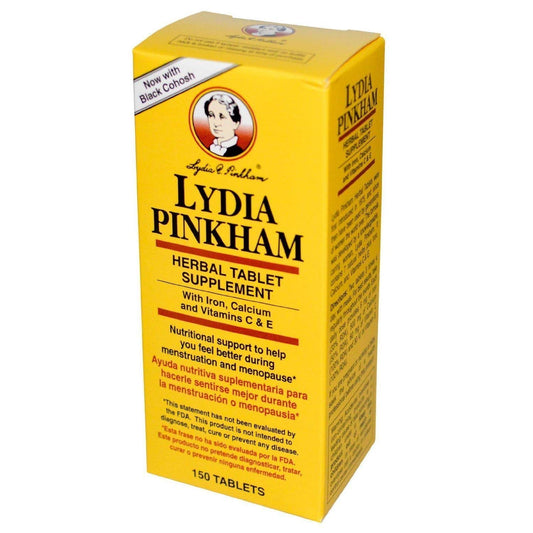 Lydia Pinkham herbal tablet bottle for daily routine and two-pack convenience.