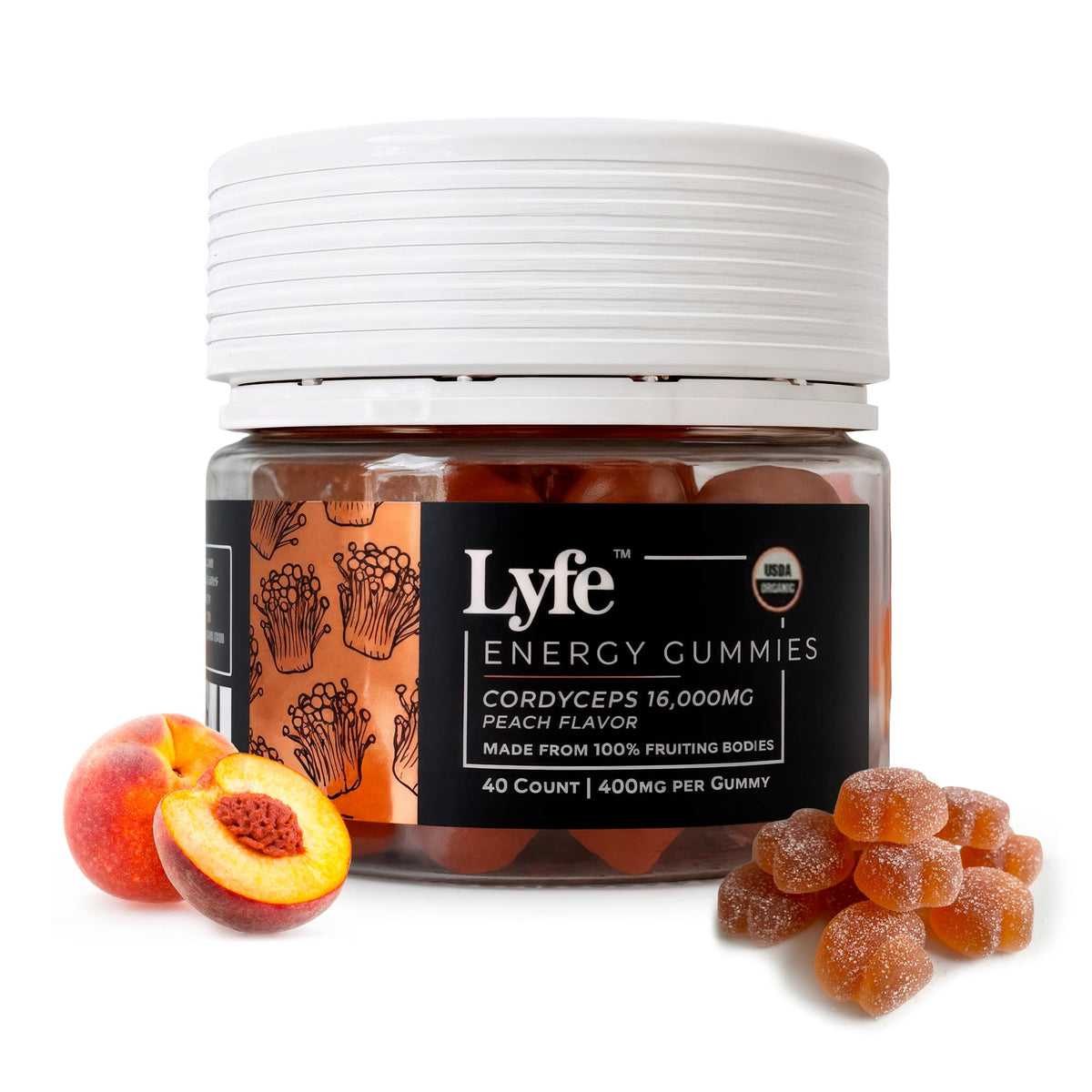 LYFE Peach Mushroom Gummies bottle close-up for daily energy and focus.