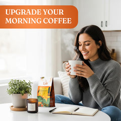LYFE cup steaming with earth-toned cup conveys daily wellness ritual.
