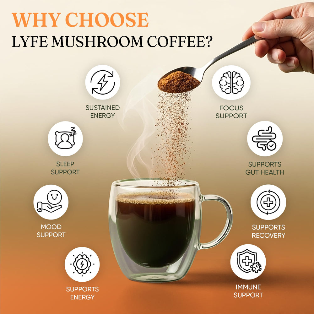 LYFE mushroom coffee scoop highlights blend for steady, mindful energy.