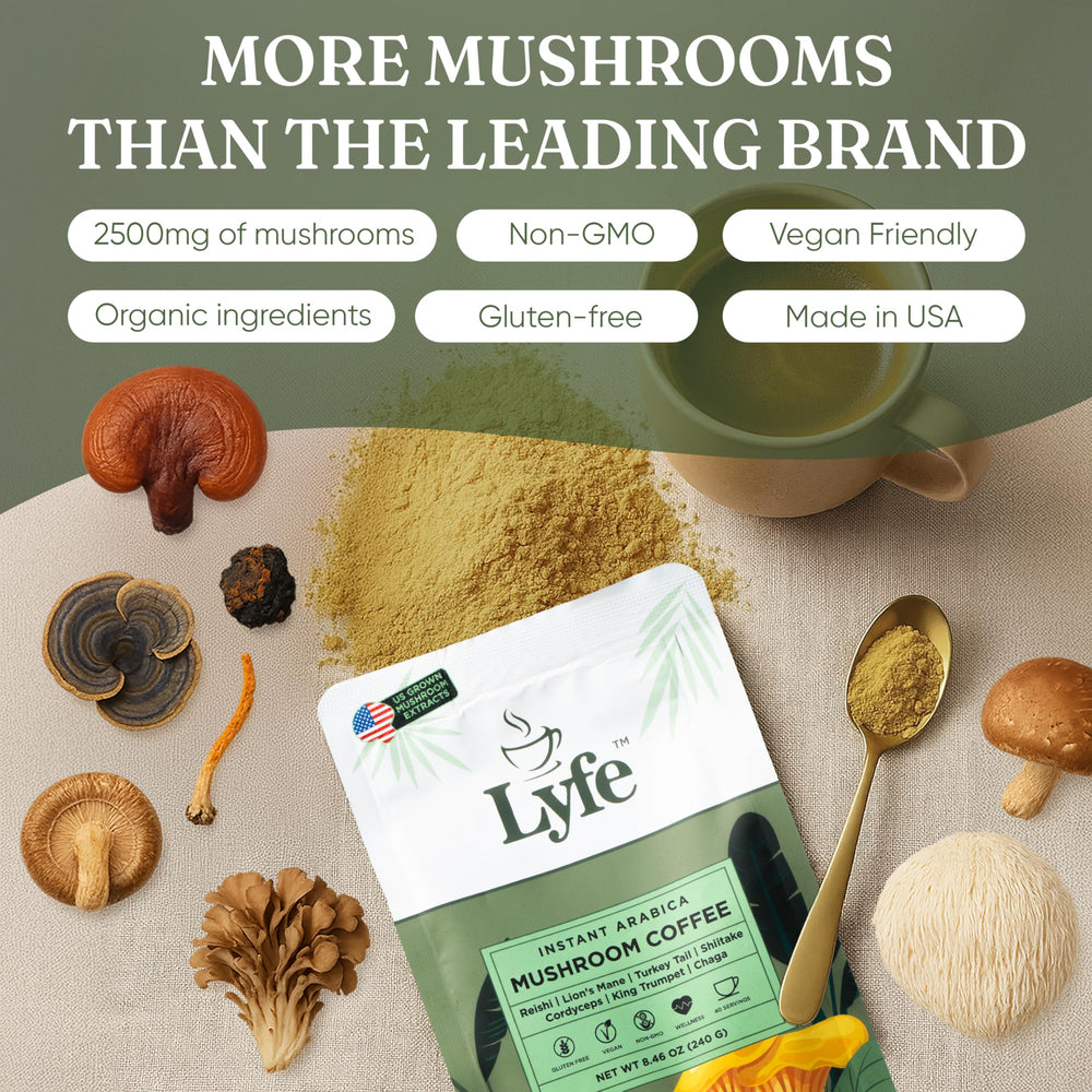 LYFE Organic Mushroom Coffee packaging emphasizes clean ingredients.