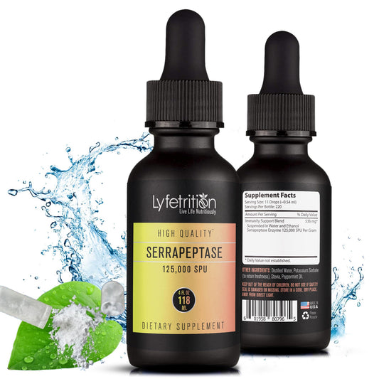 Dropper close-up showing 11-drop dosing for Lyfetrition Serrapeptase.
