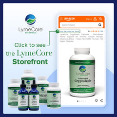 Lifestyle scene with LymeCore bottle on a shelf suggesting a daily wellness routine.
