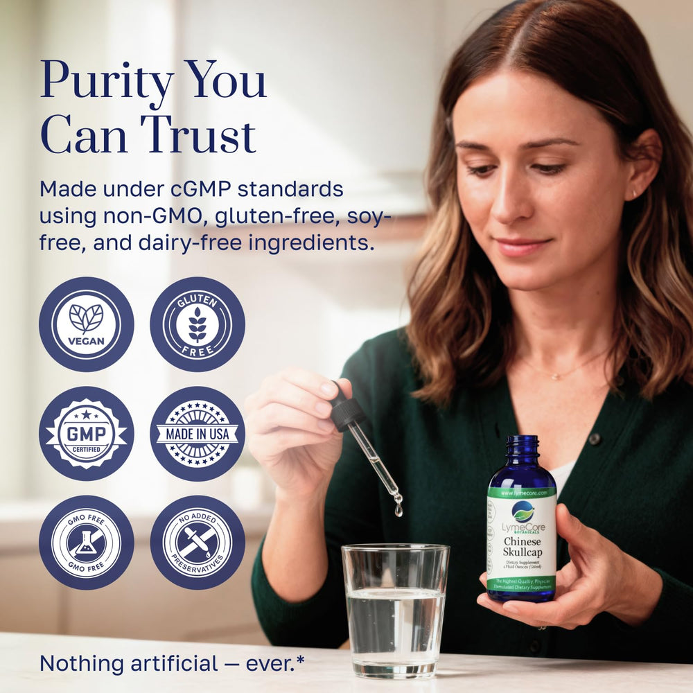 LymeCore Botanicals immunity-support bottle prepared for daily wellness routine.