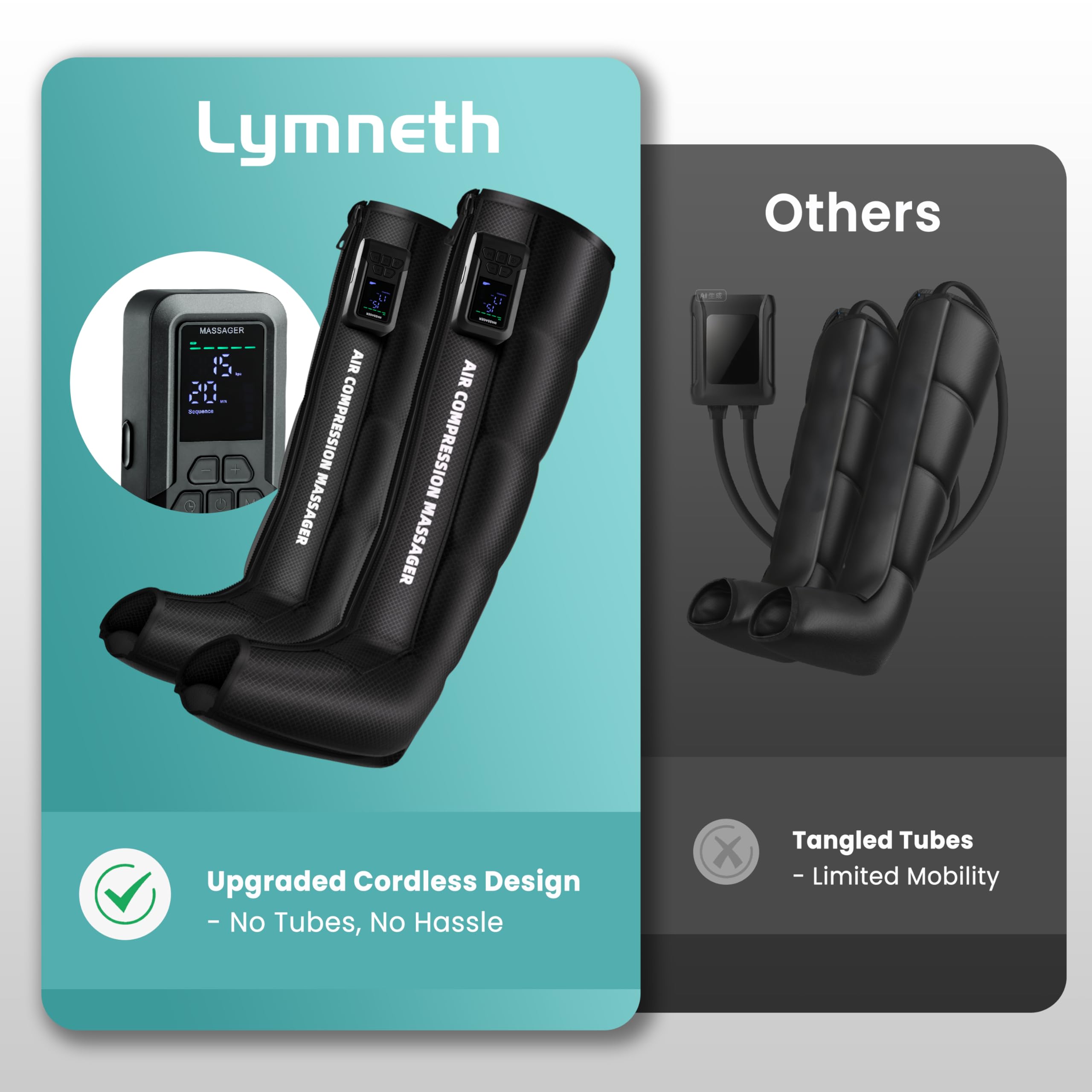 Lymneth leg massager with independent controls for each leg.