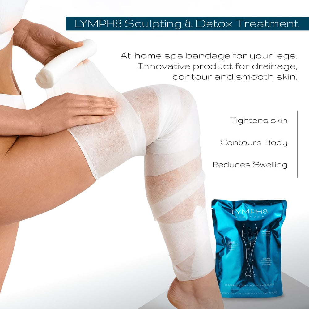 LYMPH8 wrap thighs and legs supports drainage and reduced puffiness.