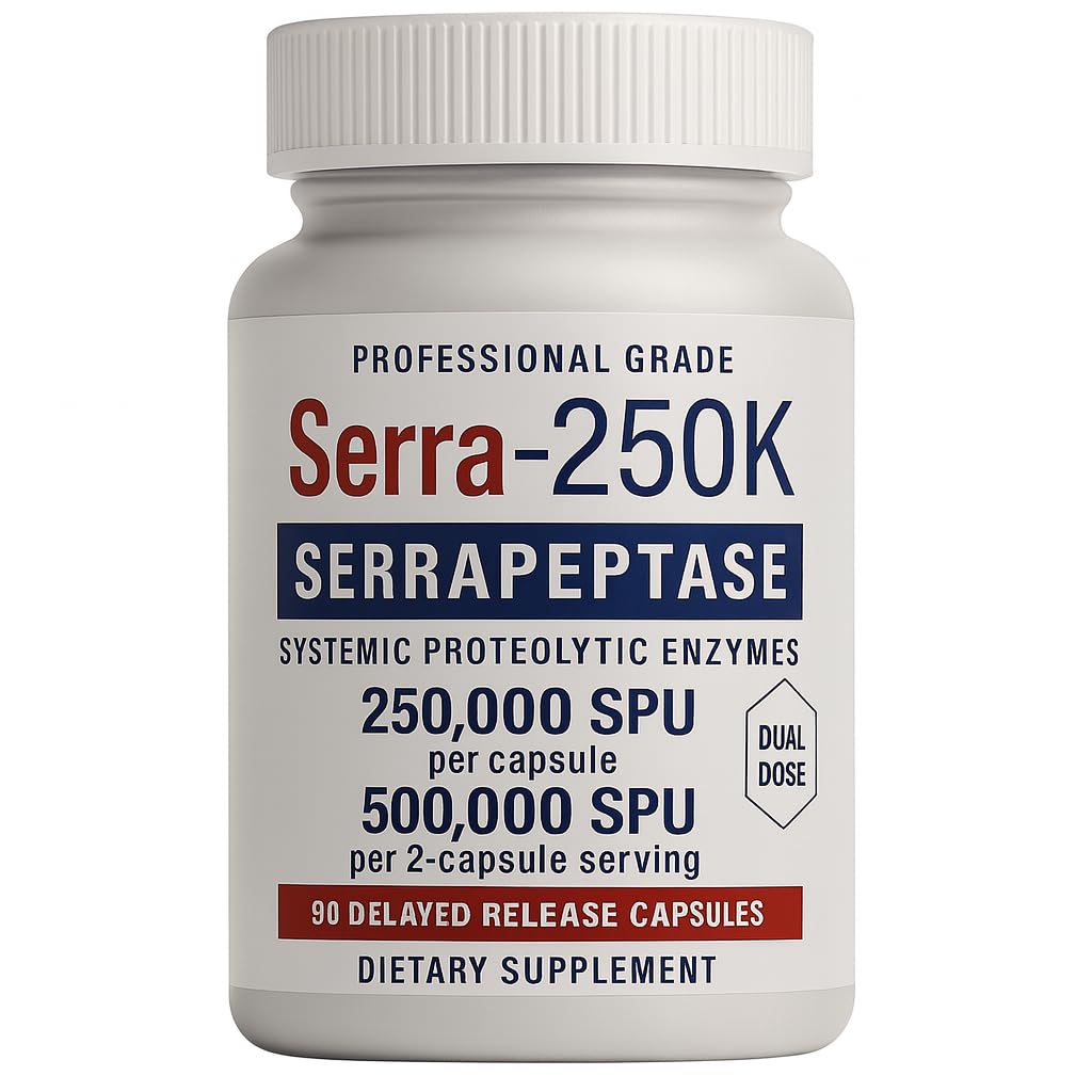 Lyndon Fields Serra-250k bottle front showing premium, high-potency serrapeptase for daily wellness