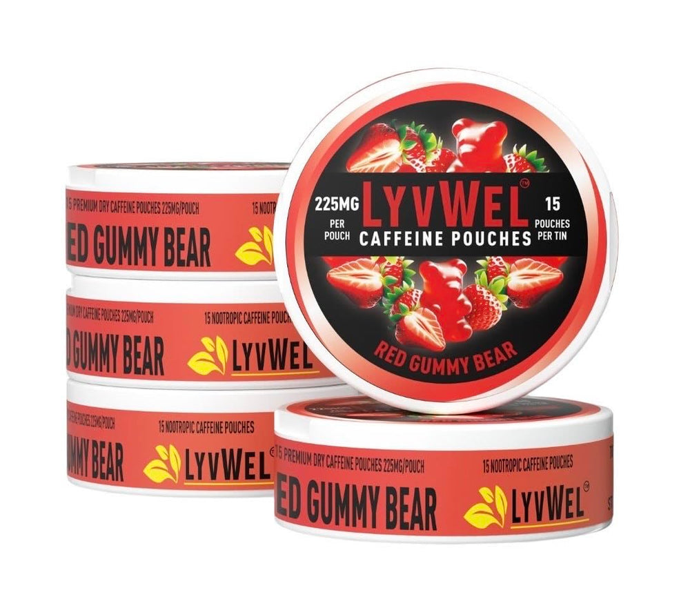 LyvWel red gummy 225mg pouch fits under the lip for quick sustained energy.