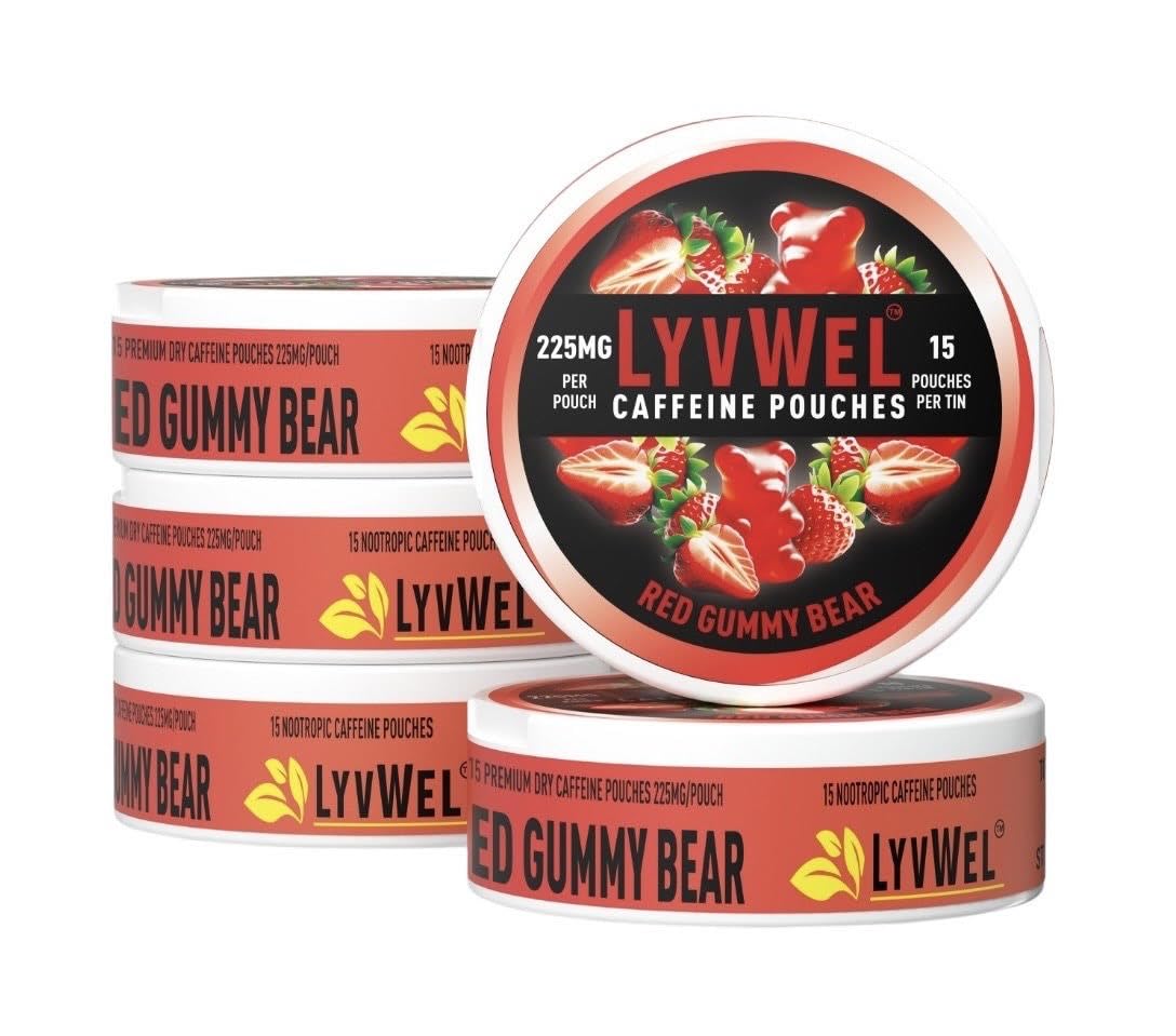 LyvWel red gummy 225mg pouch fits under the lip for quick sustained energy.