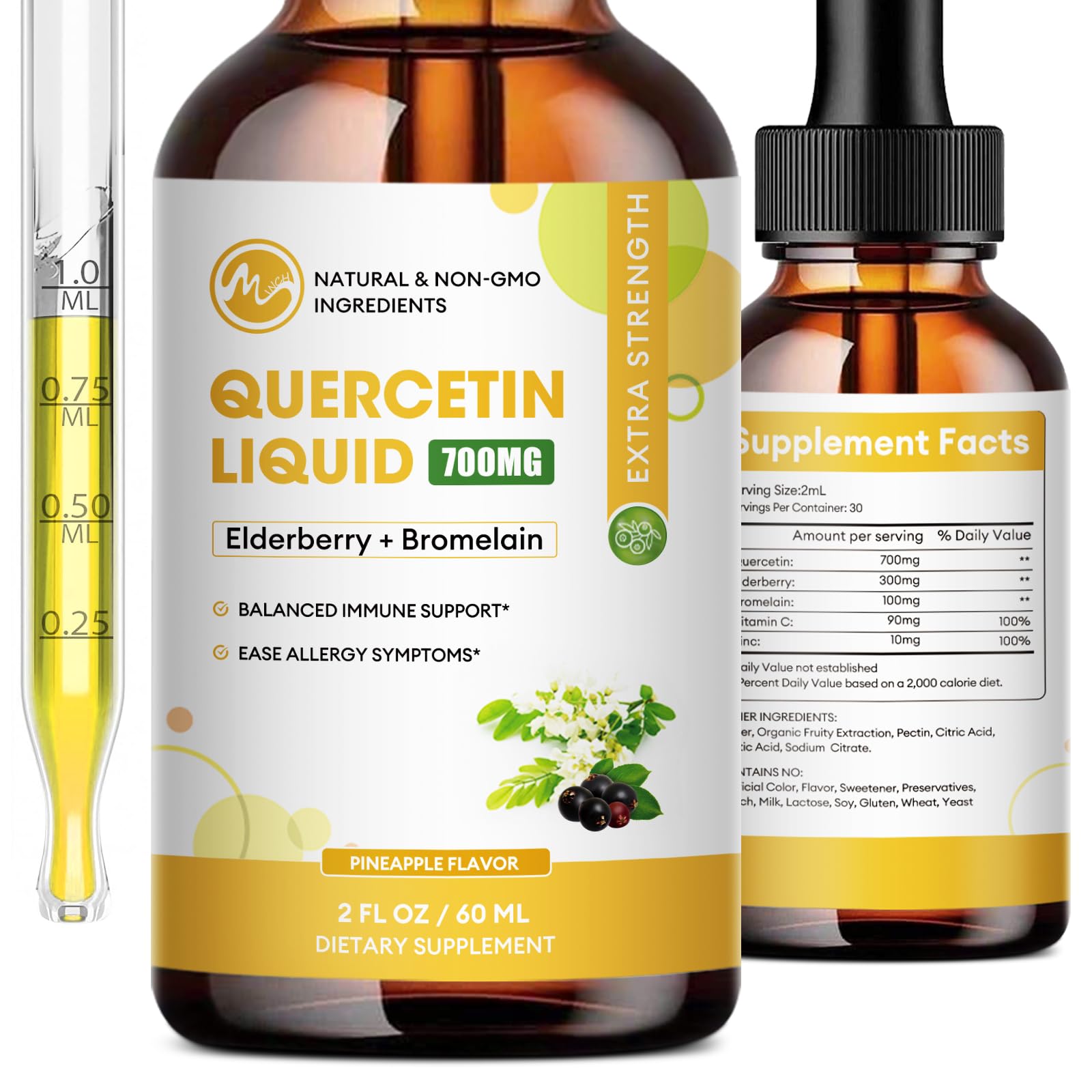 M inch Quercetin Liquid Drops bottle front view for daily immune support