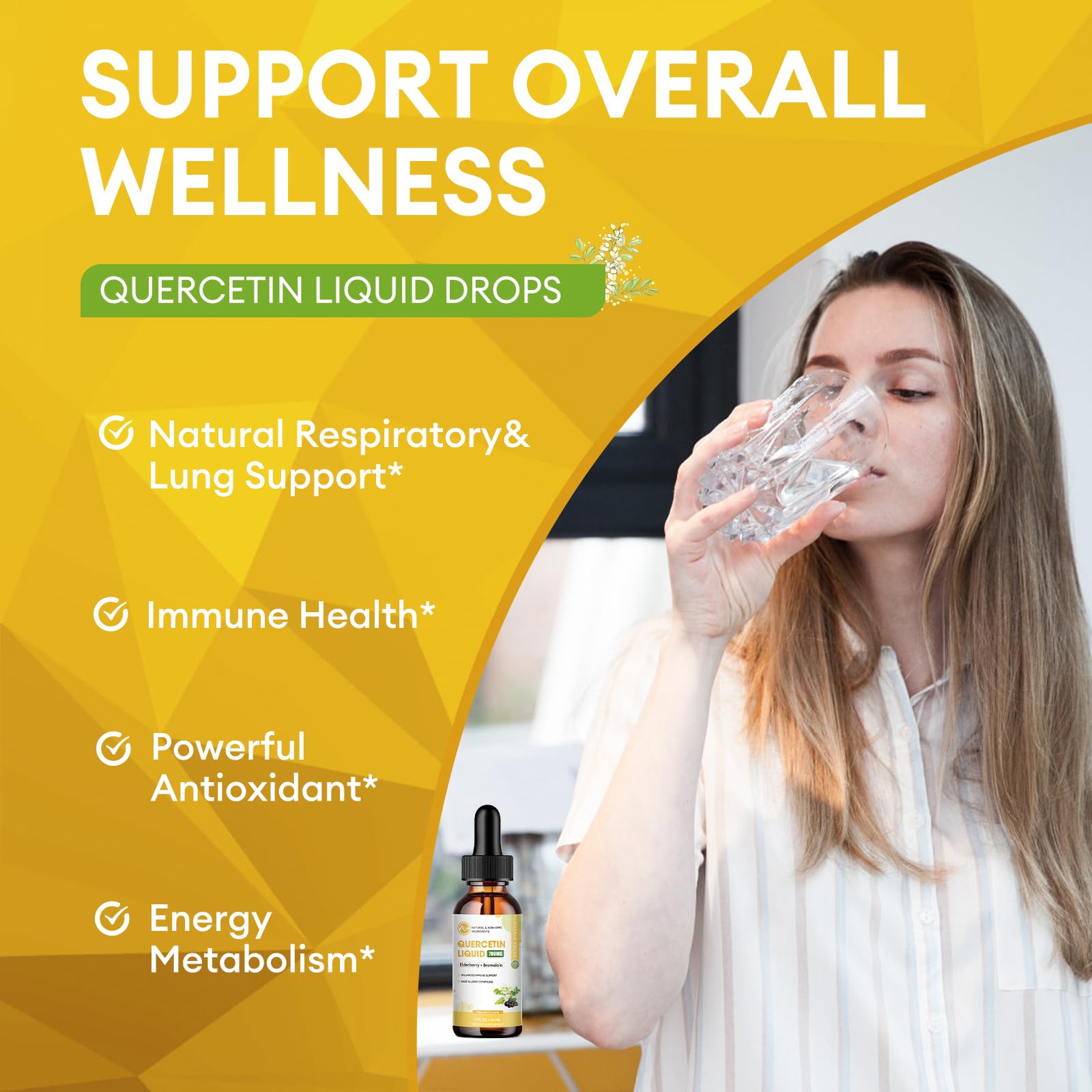M inch Quercetin Liquid Drops ingredients feature bromelain and elderberry