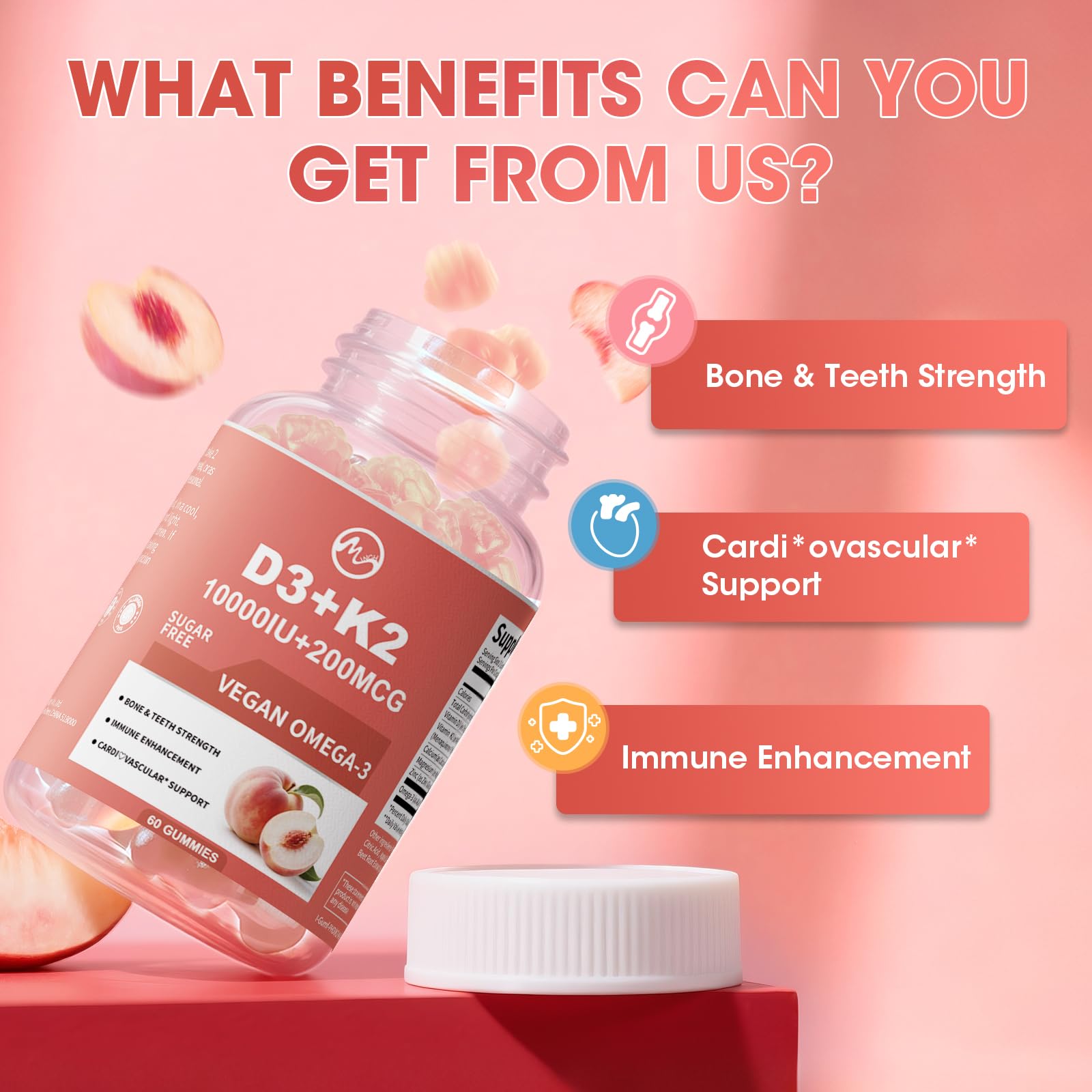 M inch peach-flavor packaging highlights six-in-one wellness formula