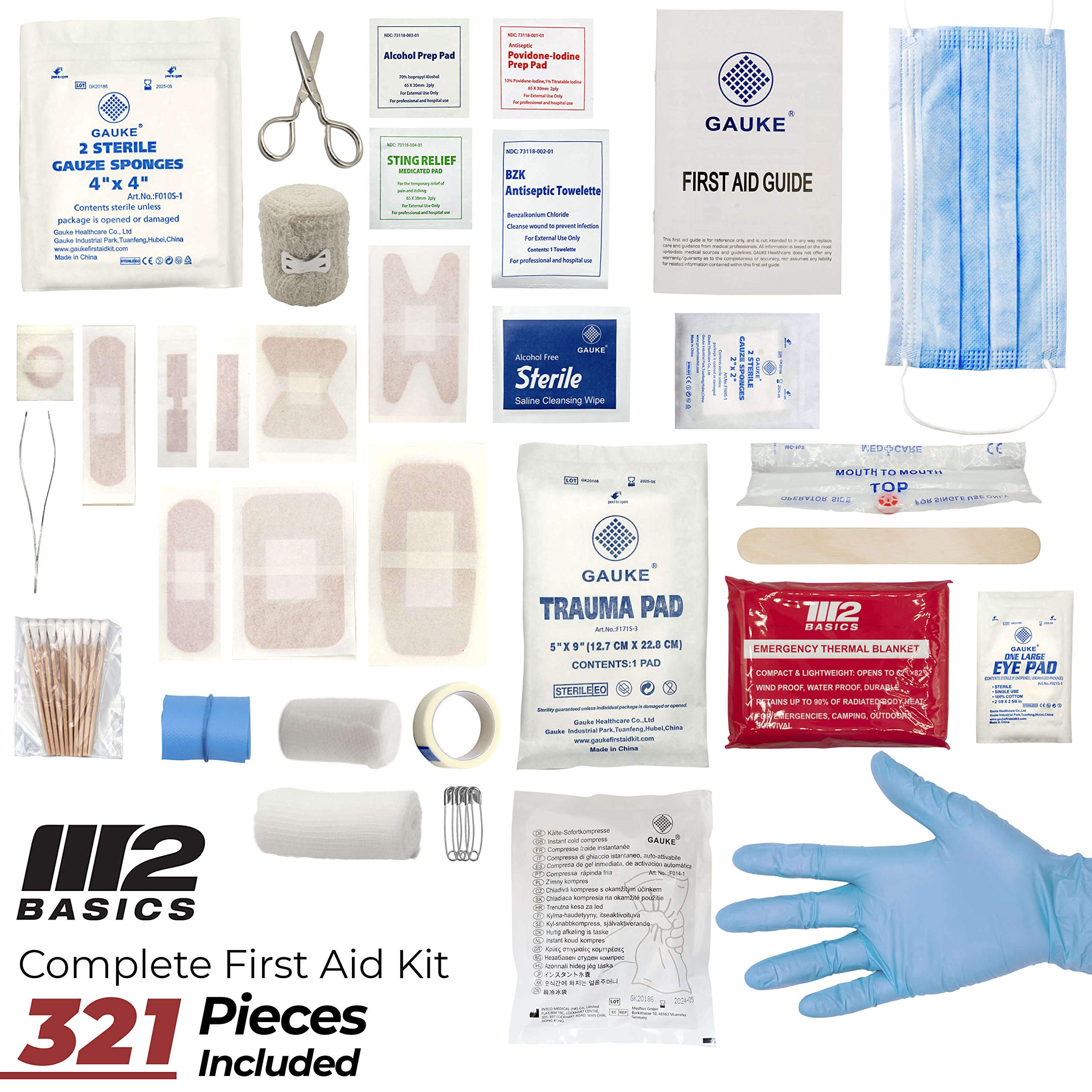 M2 BASICS bandages, gauze, and antiseptic wipes ready for everyday minor injuries.
