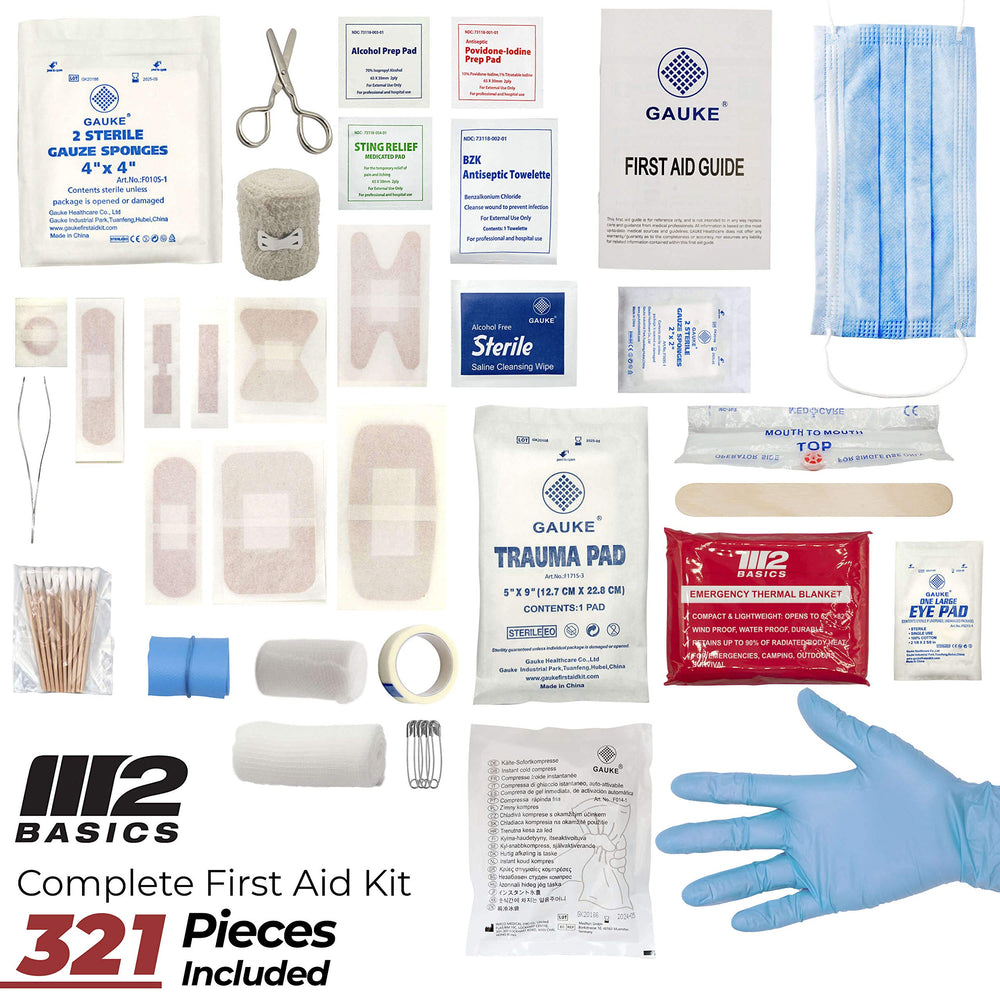 M2 BASICS bandages, gauze, and antiseptic wipes ready for everyday minor injuries.