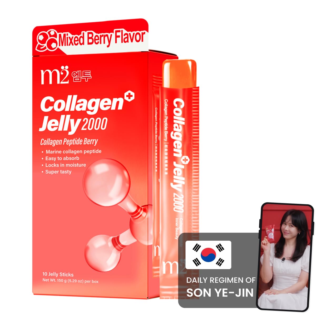 m2 Jelly Berry pack with single-serve collagen sticks for daily hydration support.