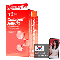 m2 Jelly Berry pack with single-serve collagen sticks for daily hydration support.