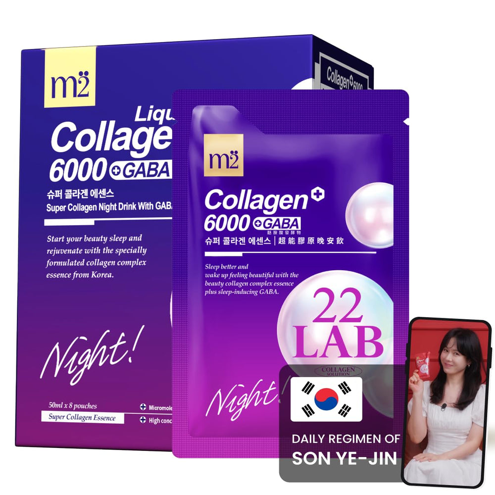 M2 Liquid Collagen bottle pouring to highlight easy nightly intake.