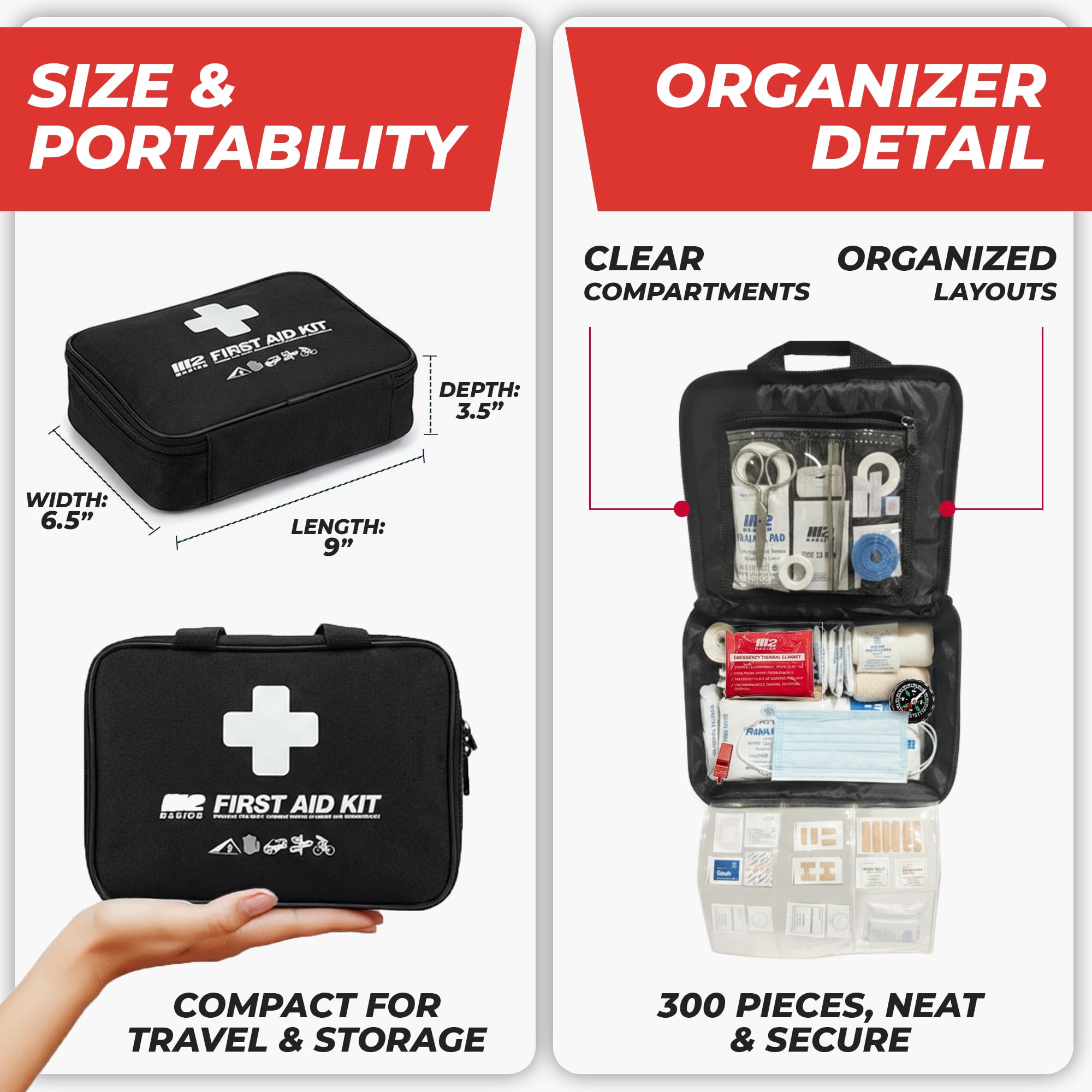 Compact, durable case houses essential bandages and gauze for everyday minor injuries.