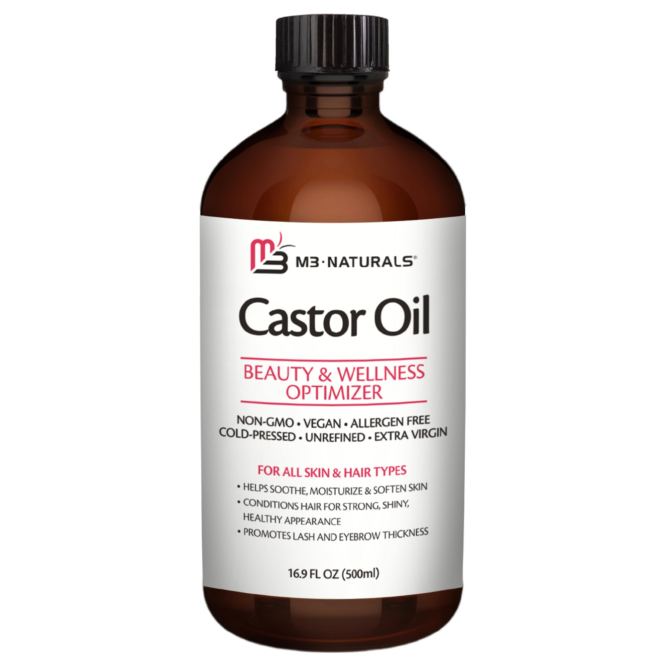 M3 Naturals castor oil bottle closeup for pure, hexane-free hair and skin care.
