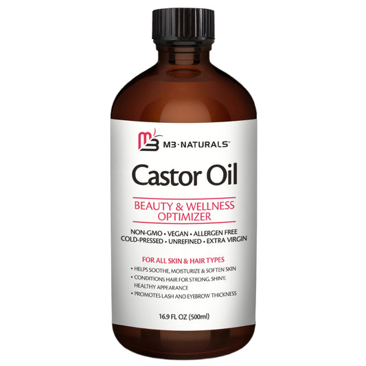 M3 Naturals castor oil bottle closeup for pure, hexane-free hair and skin care.