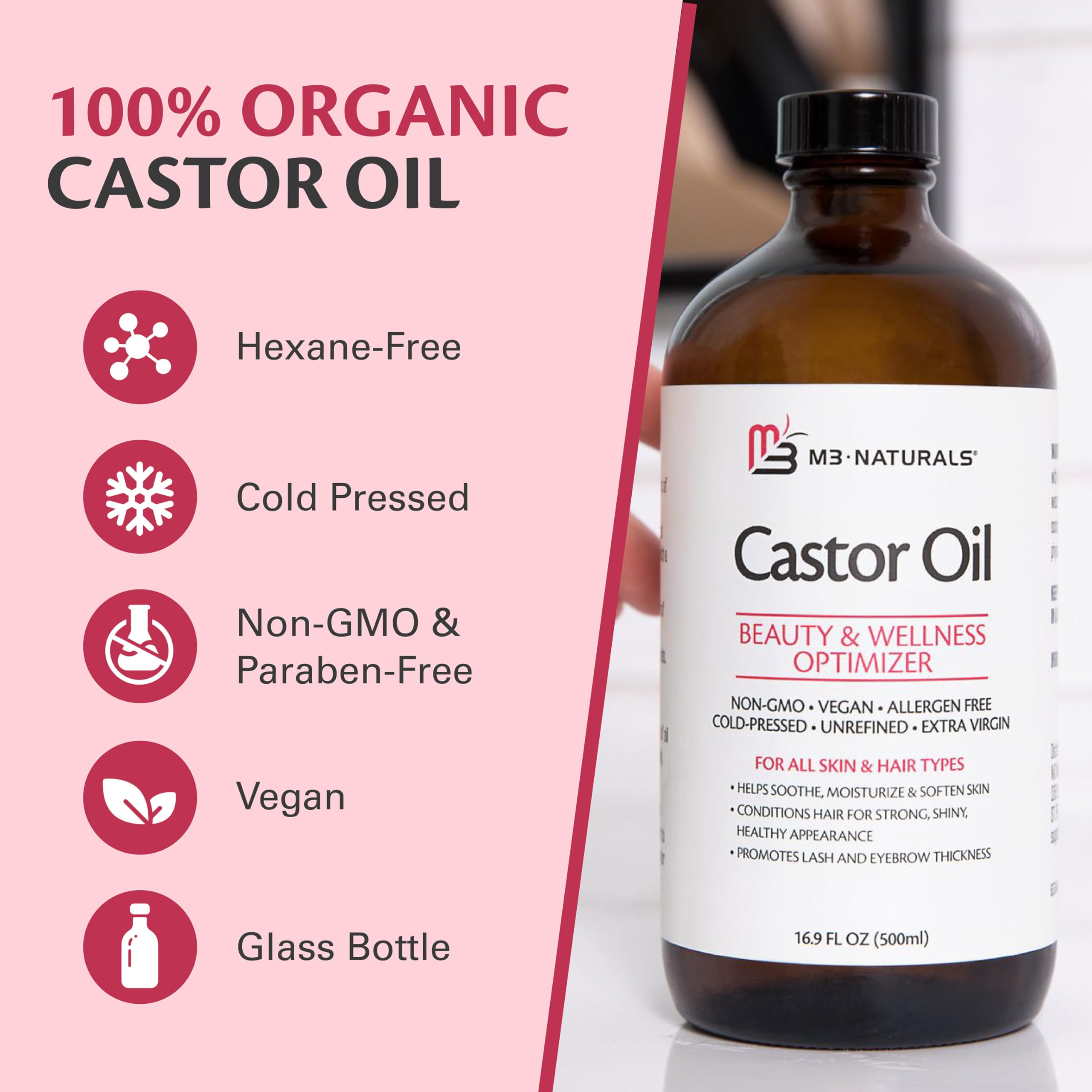M3 Naturals castor oil eyebrow grooming for defined brows and nourishment.