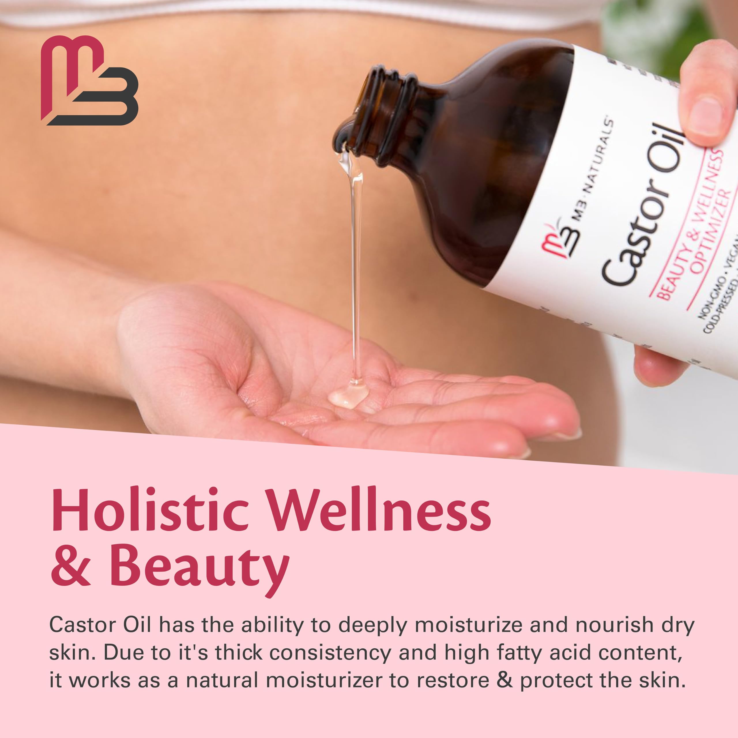 M3 Naturals castor oil haircare application promotes shine and manageability.