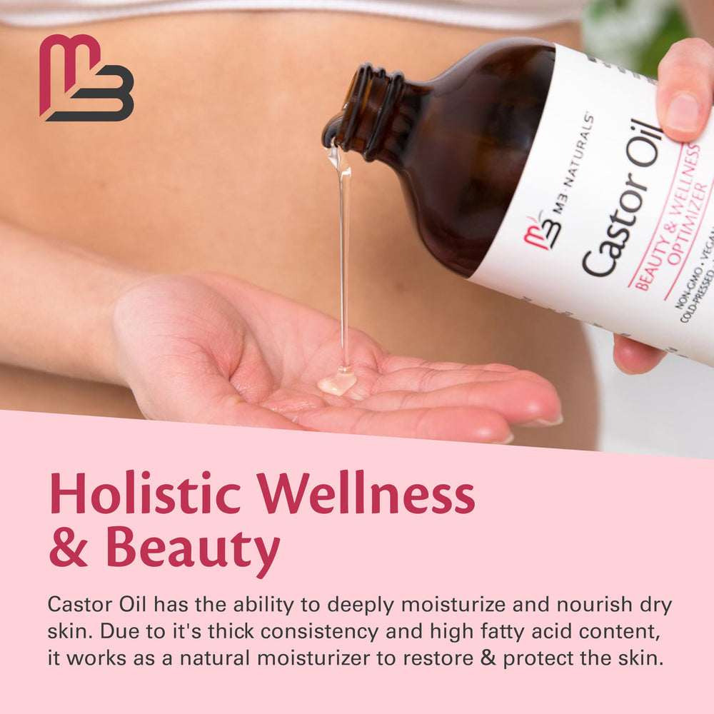M3 Naturals castor oil haircare application promotes shine and manageability.
