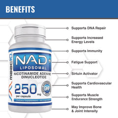 MAAC10 Liposomal NAD+ bottle side label showcasing vegan and gluten-free claims.