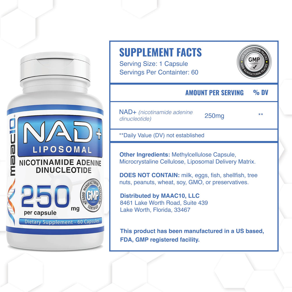 MAAC10 capsules close-up shows 250 mg NAD+ per capsule.
