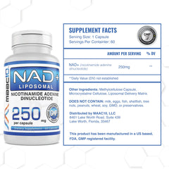 MAAC10 capsules close-up shows 250 mg NAD+ per capsule.