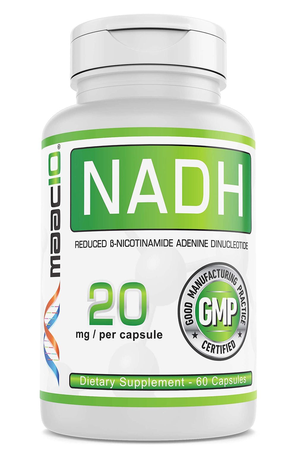 MAAC10 NADH bottle front showing premium energy supplement for daily wellness.