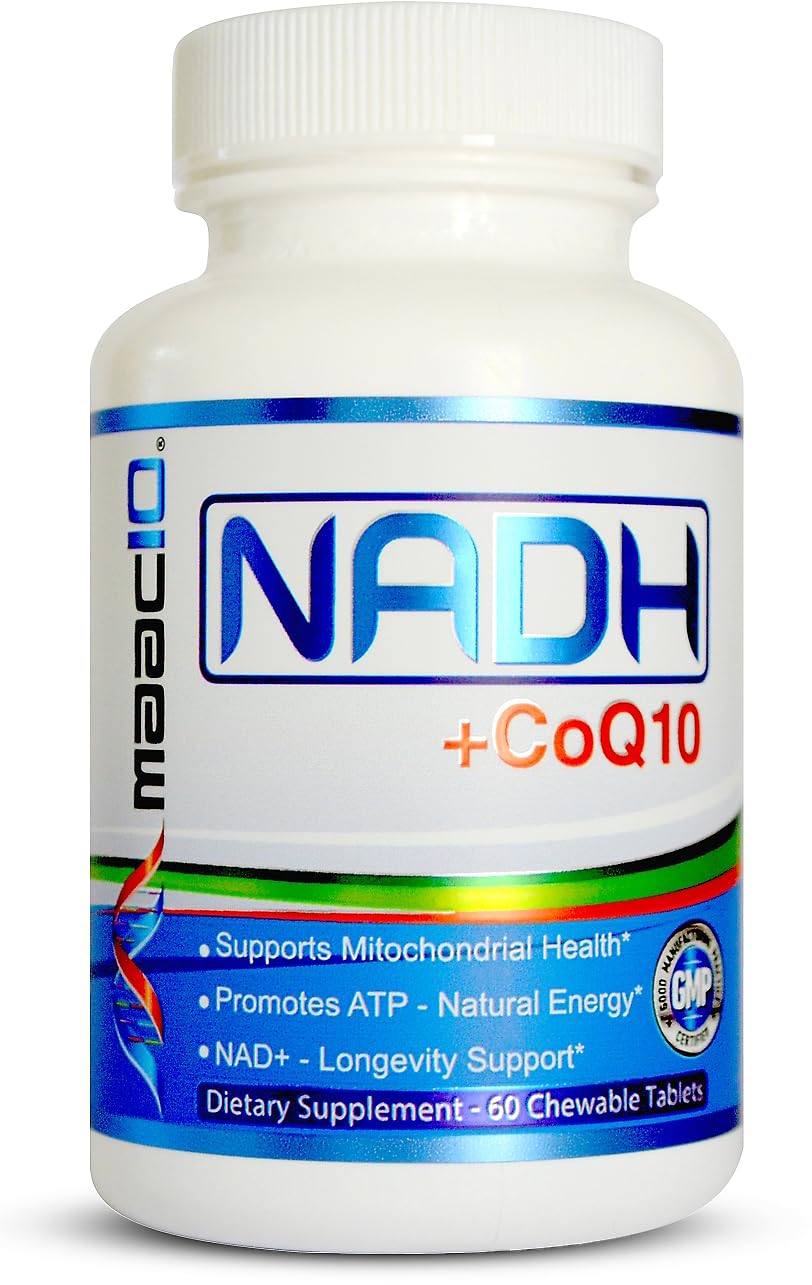 MAAC10 NADH + CoQ10 bottle with packaging emphasizing energy support.