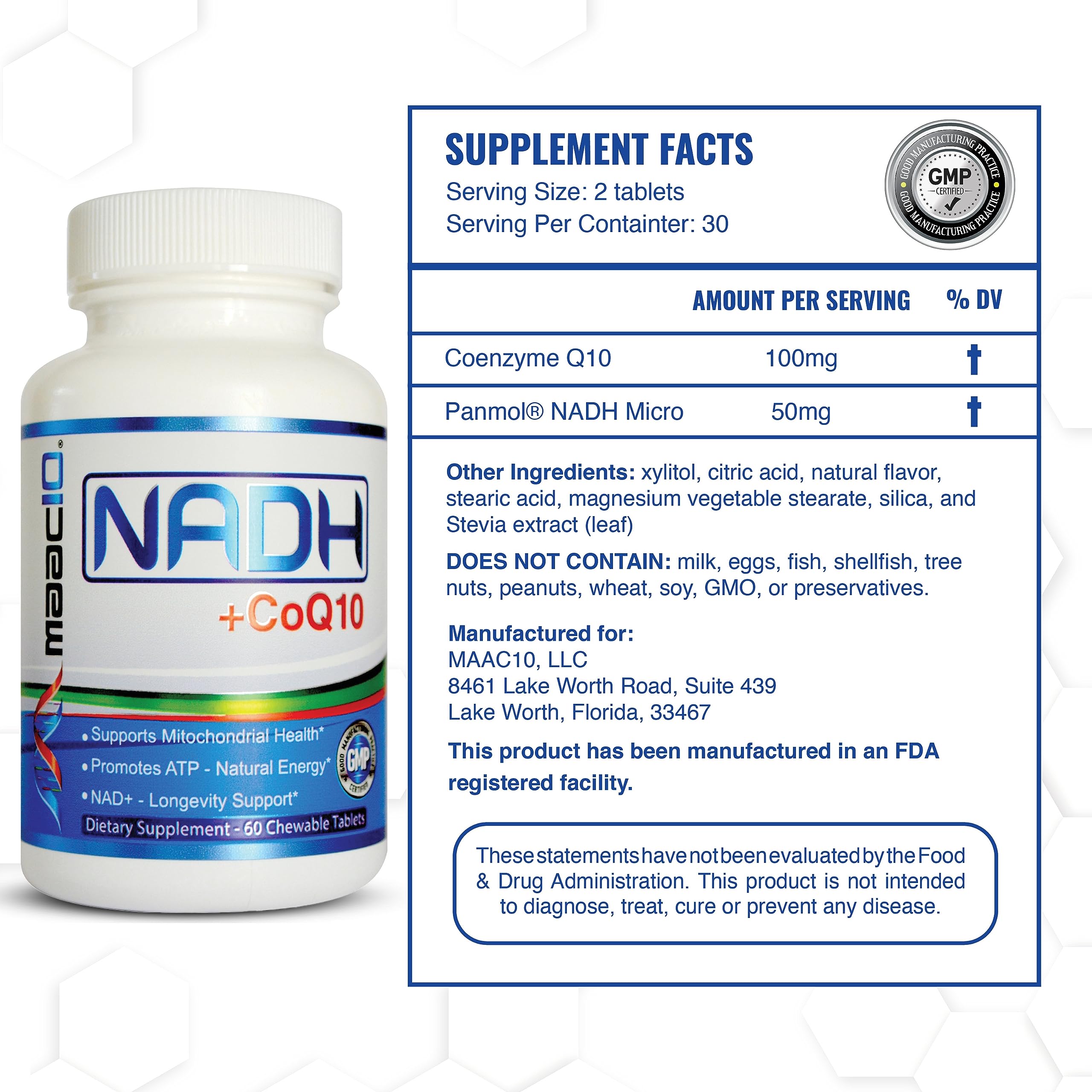 Close-up of MAAC10 NADH + CoQ10 berry tablets