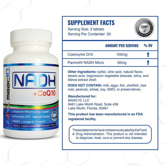 Close-up of MAAC10 NADH + CoQ10 berry tablets