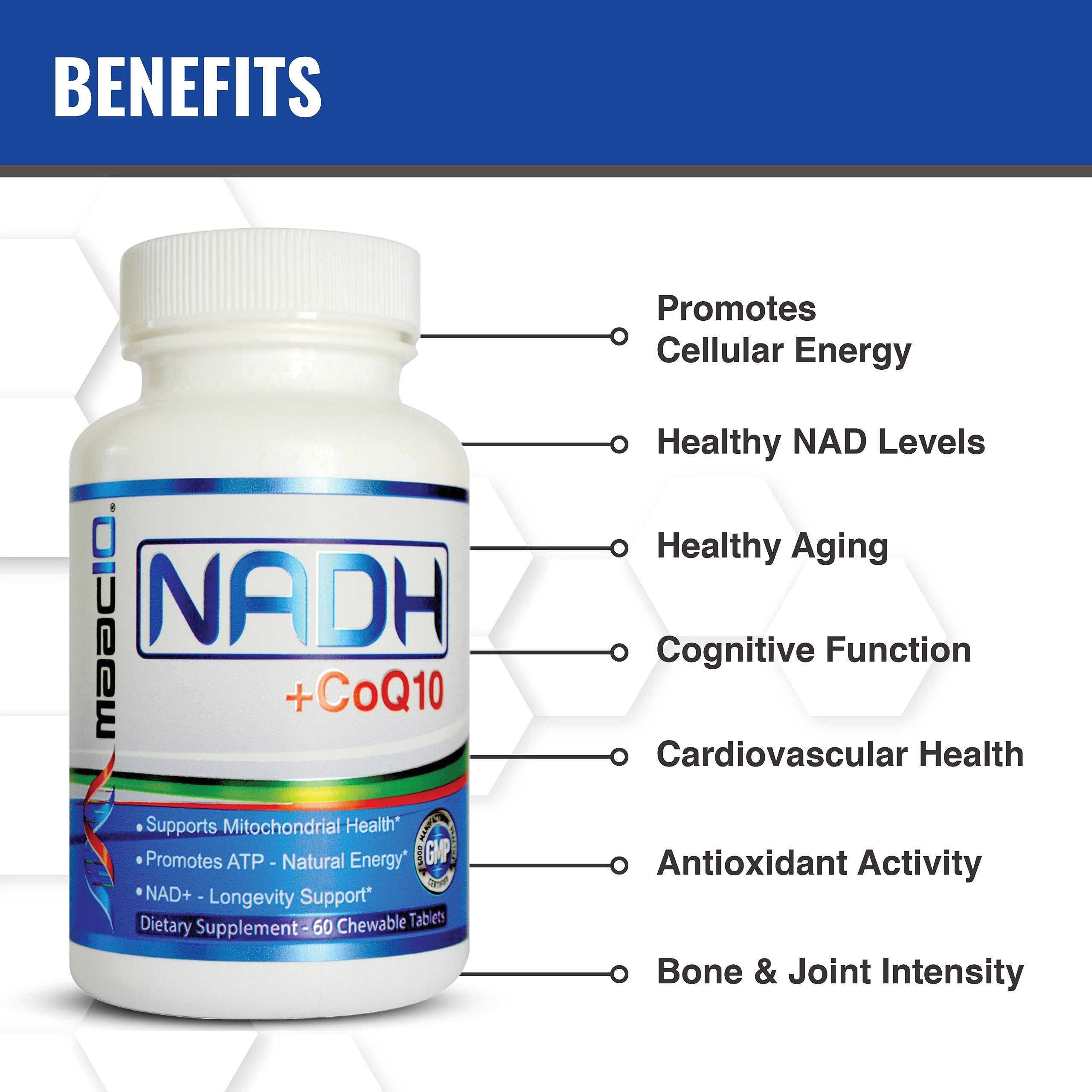 Nutrition label showing 50 mg NADH and 100 mg CoQ10.