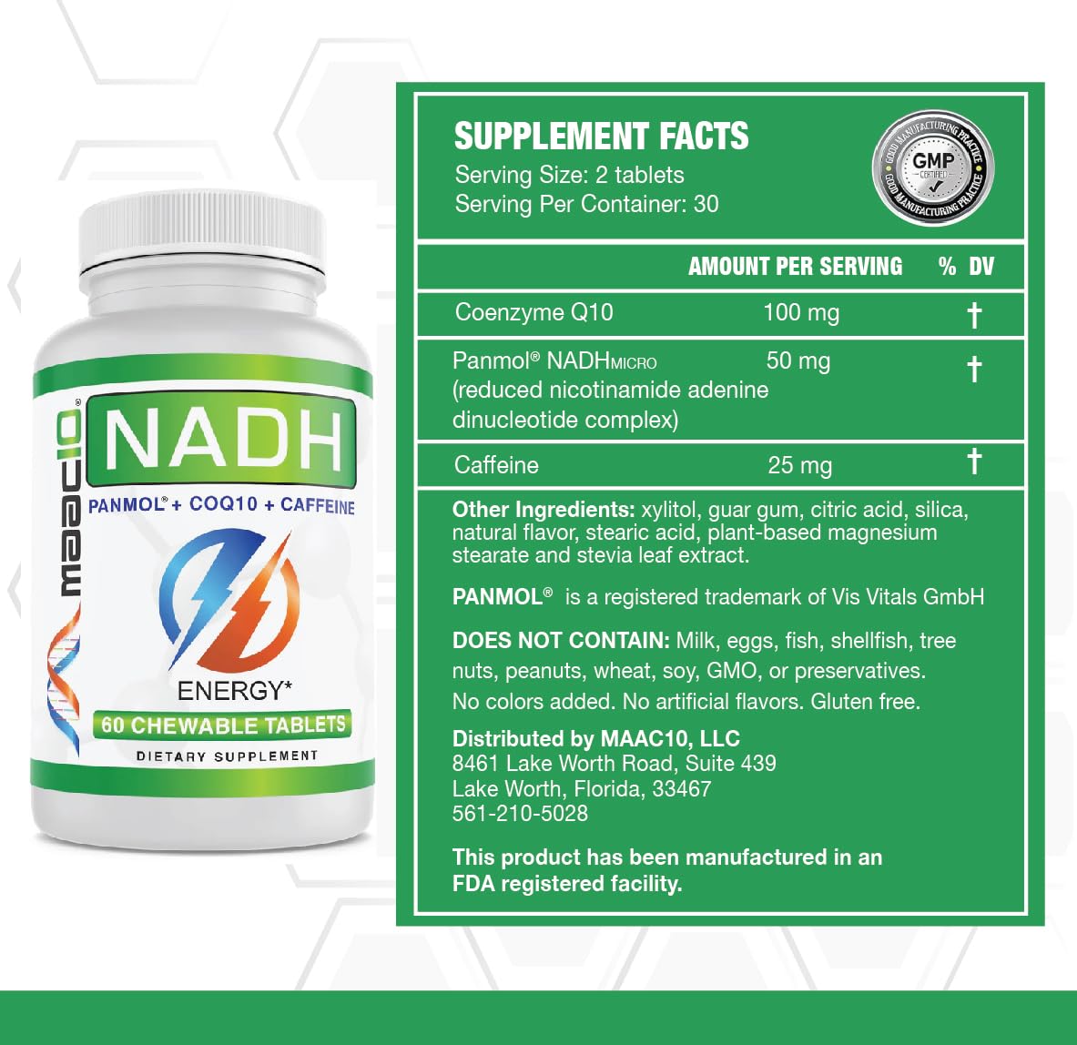 MAAC10 NADH CoQ10 tablets close-up with berry flavor