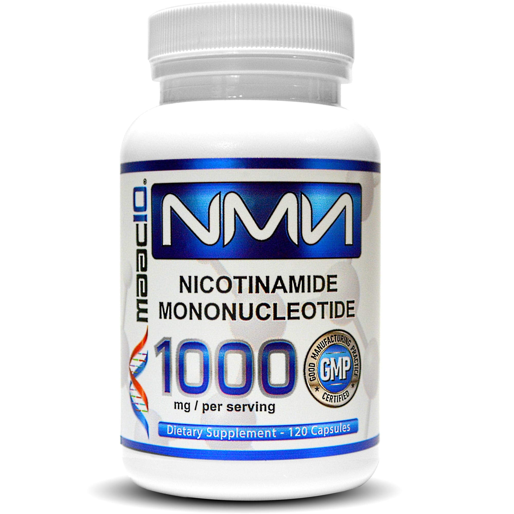 MAAC10 NMN bottle front highlighting 99% pure NMN for daily vitality
