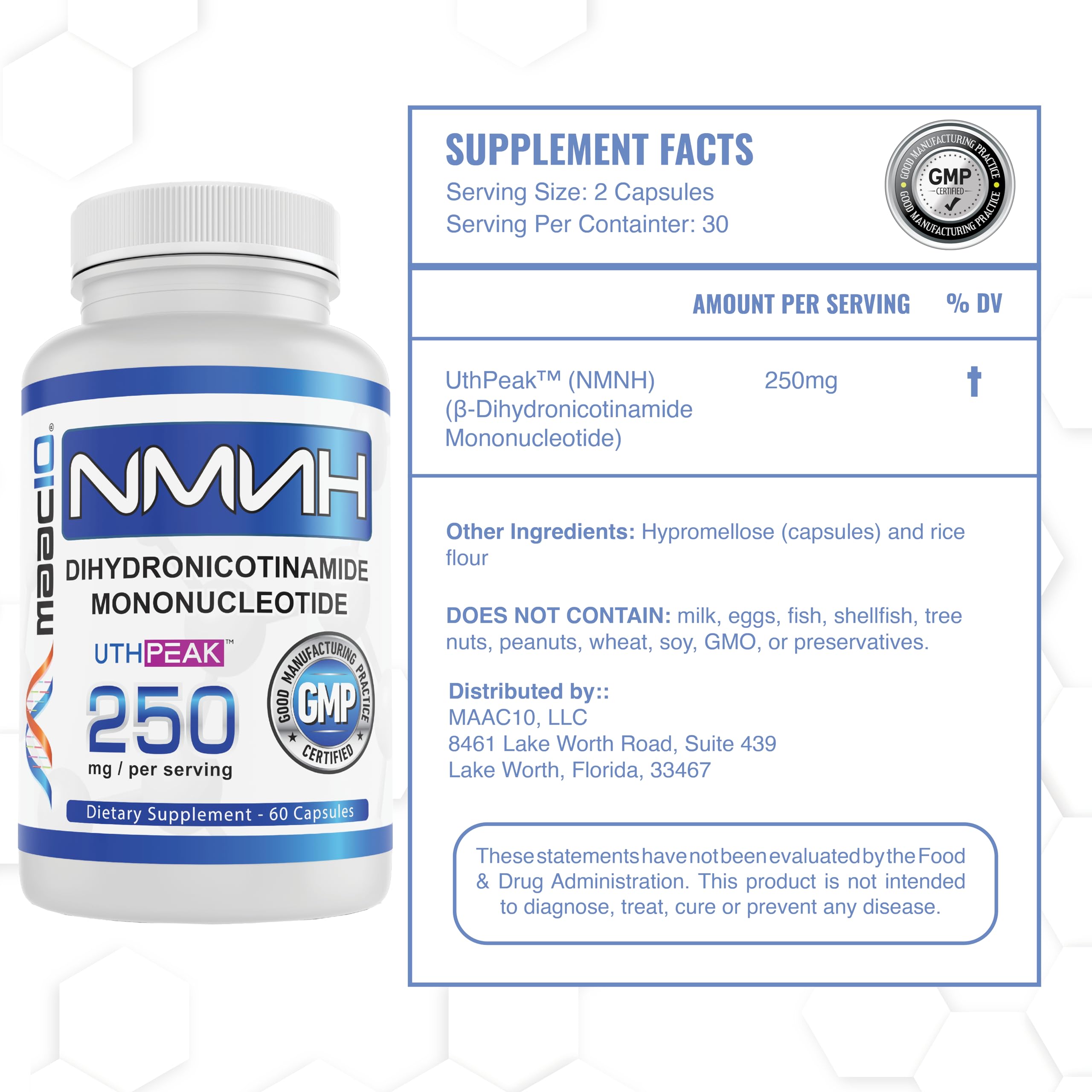 MAAC10 NMNH foil pouch with dosage details for easy daily use.