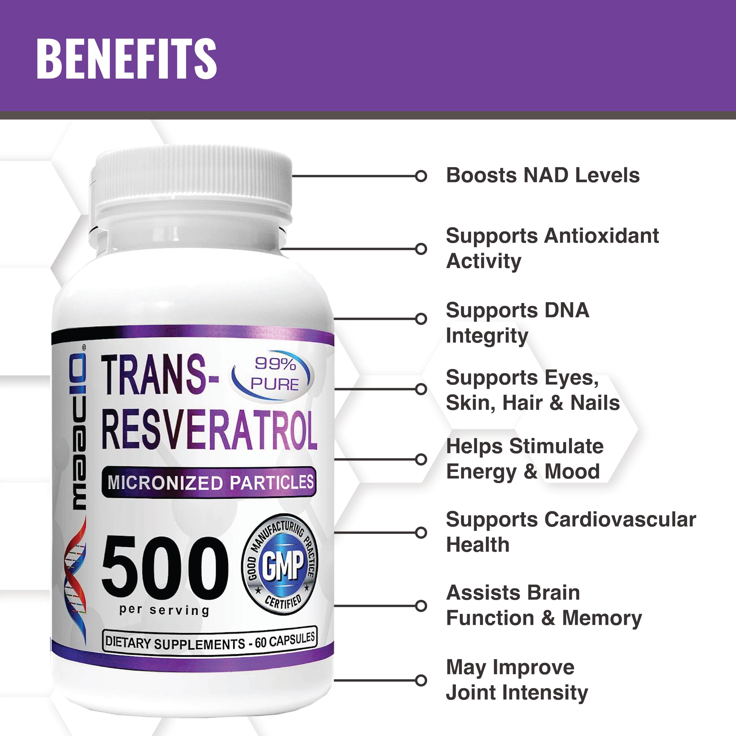 MAAC10 Resveratrol capsules highlight 500mg per serving and BioPerine for absorption.