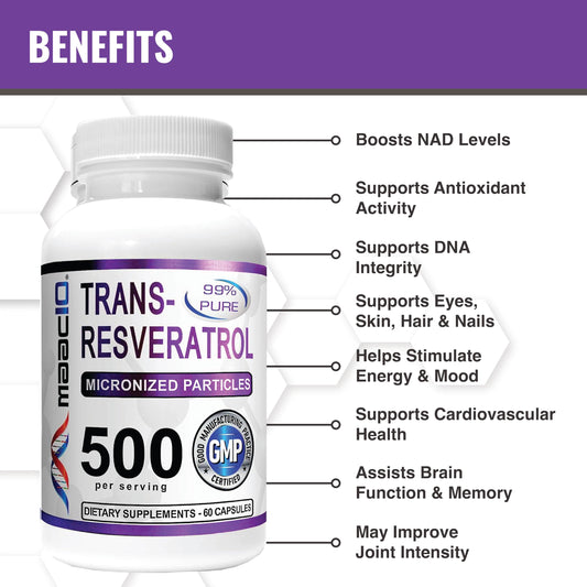 MAAC10 Resveratrol capsules highlight 500mg per serving and BioPerine for absorption.