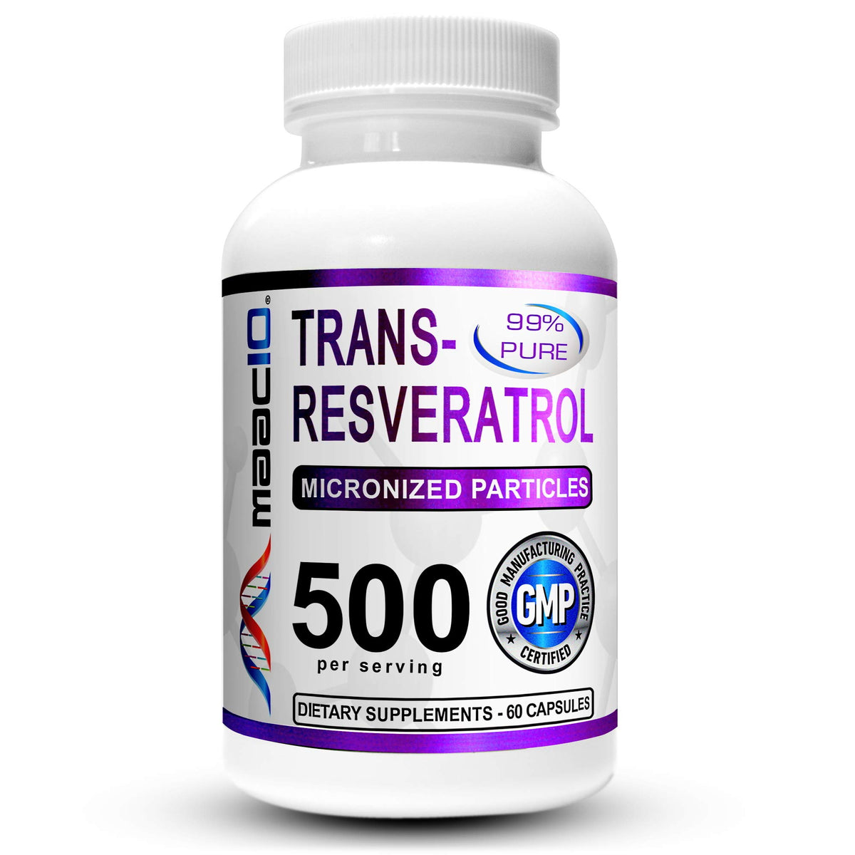 MAAC10 Trans-Resveratrol bottle with capsules promoting cellular health and absorption.
