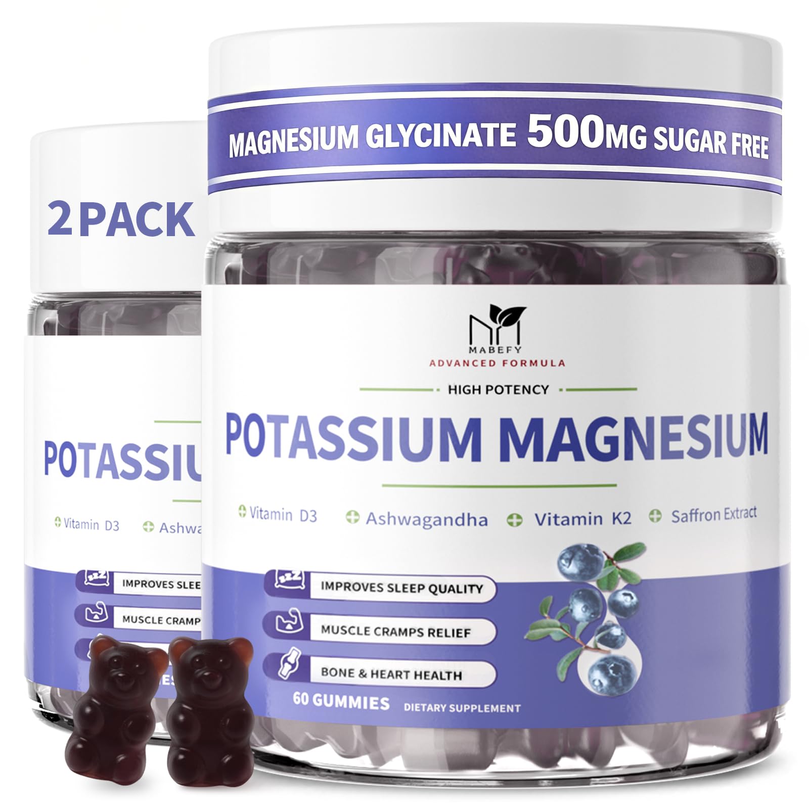 MABEFY potassium magnesium gummies bottle promoting daily muscle relaxation support