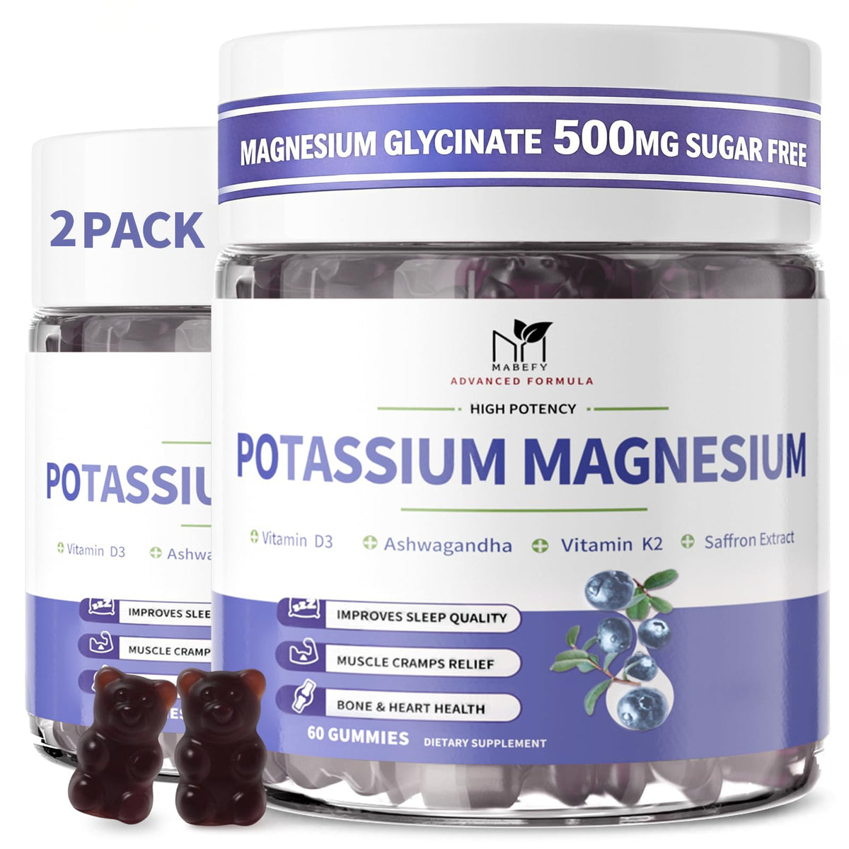 MABEFY potassium magnesium gummies bottle promoting daily muscle relaxation support